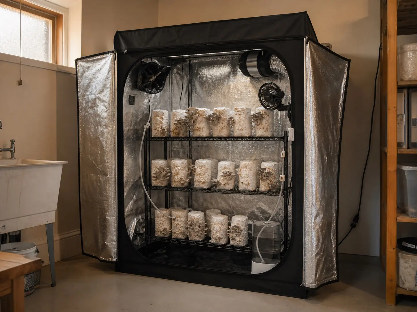 Enclosed mushroom fruiting tent opened to show shelving, fruiting blocks, humidification and ducting